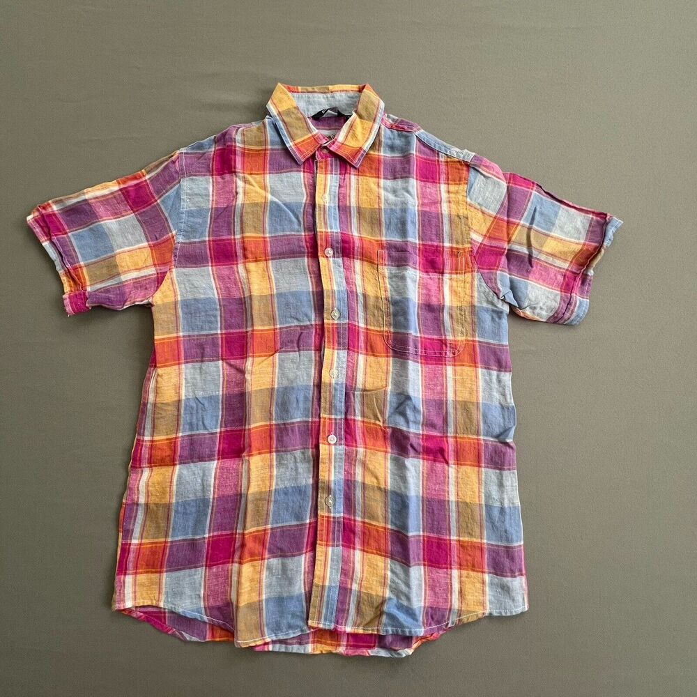 Bohio Men Linen Shirt Size SMALL Multicolor Plaid Short Sleeve Button Up Collar